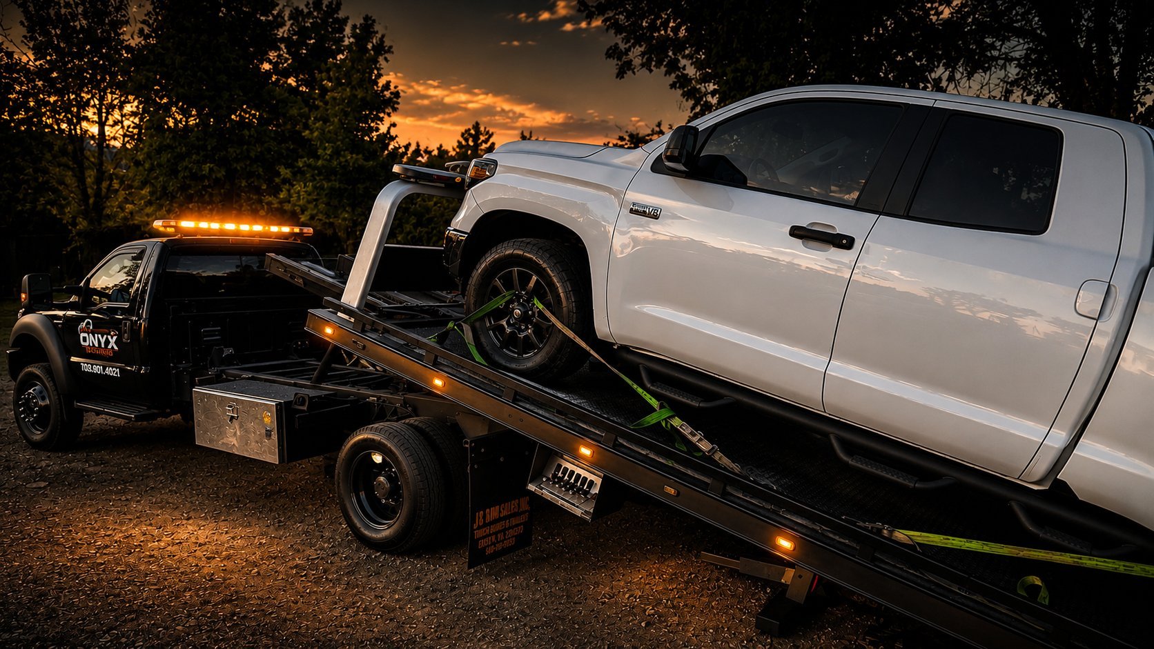 Black tow truck loading a white pickup truck at dusk with golden sunset sky and trees in background