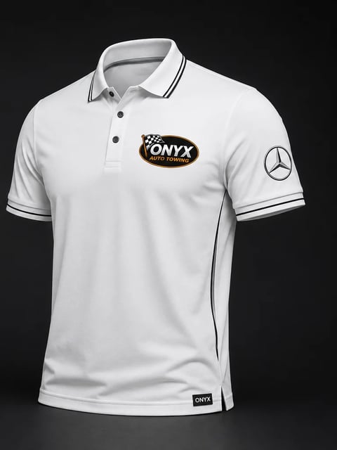 White polo shirt with Onyx Auto Towing logo, Mercedes-Benz symbol, and striped collar and sleeve trim