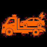 Orange tow truck carrying a damaged car with a lightning bolt symbol indicating towing service