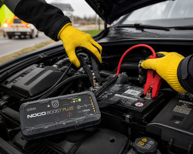 Professional technician jump starting a car with dead battery using jumper cables on roadside