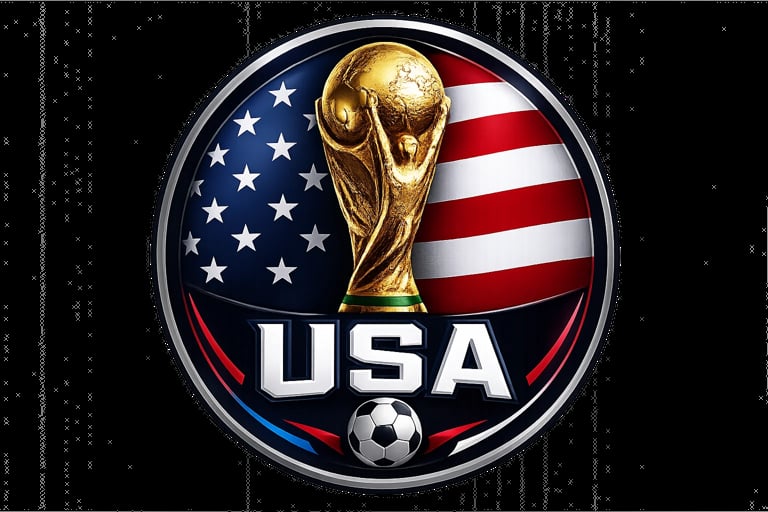 USA soccer emblem with golden World Cup trophy, American flag background, and soccer ball on dark textured backdrop