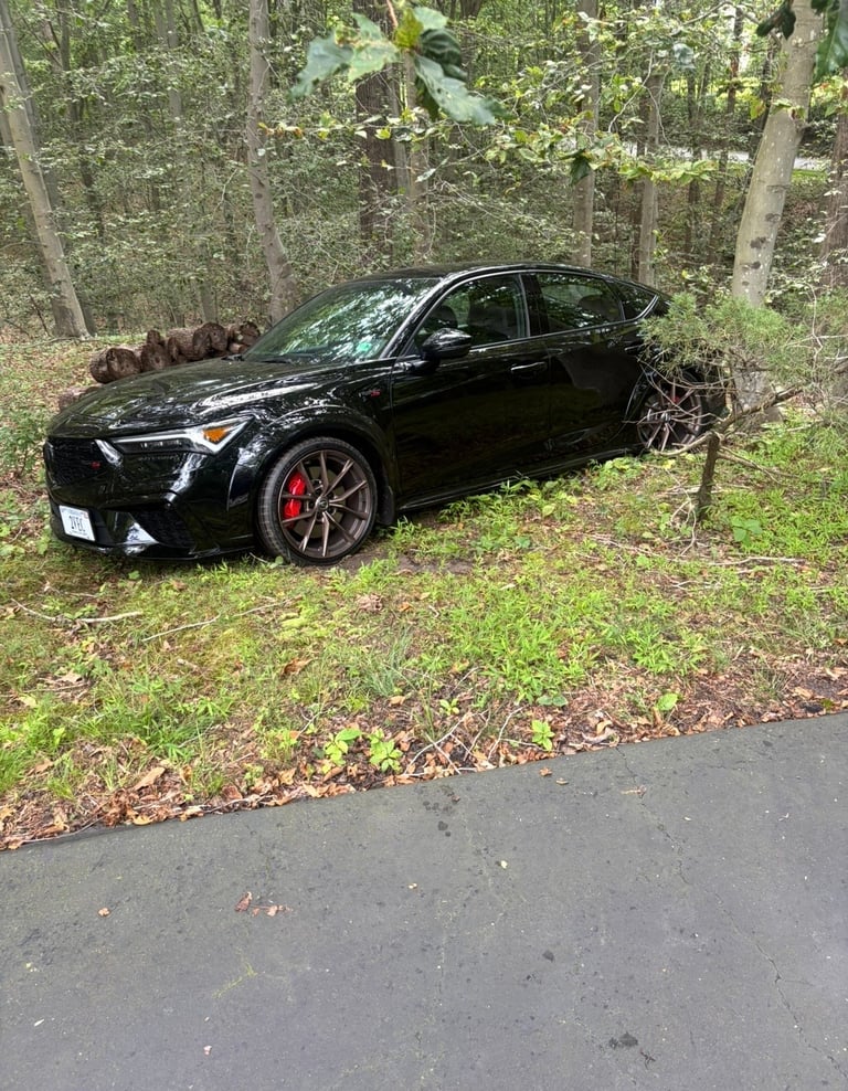 Black sports car parked on a wooded driveway with red brake calipers and brown leaves on ground