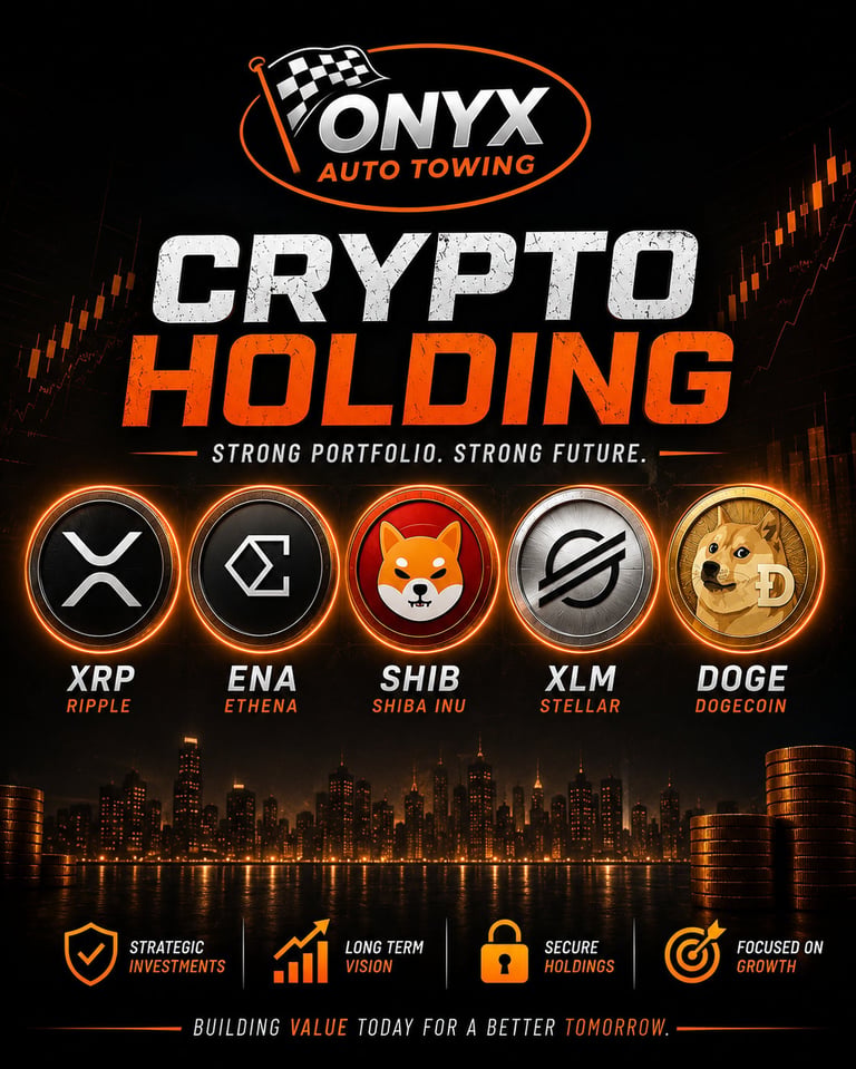 ONYX Auto Towing crypto holding portfolio featuring XRP, ENA, SHIB, XLM, and DOGE with tagline building value for a better tomorrow