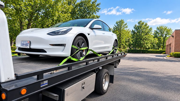 White Tesla Model 3 electric car being transported on a black flatbed tow truck in an outdoor parking area