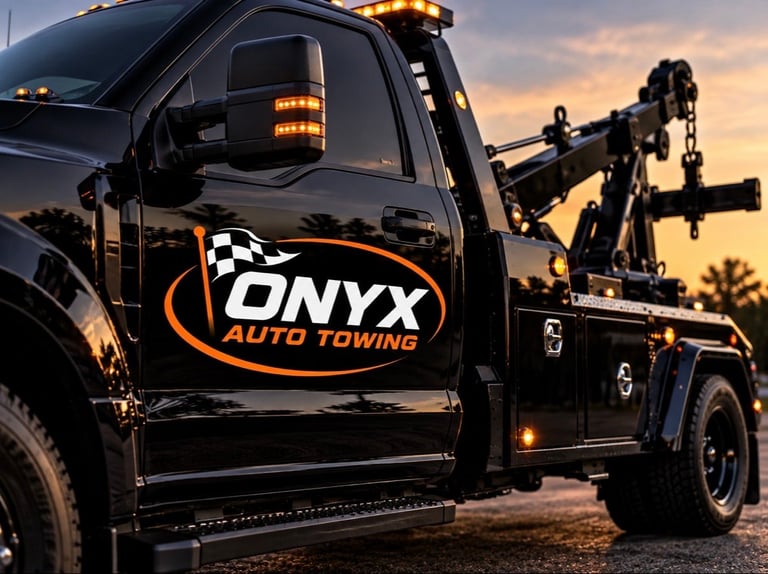 Black Onyx Auto Towing truck with open driver door at sunset, equipped with tow boom and emergency lights