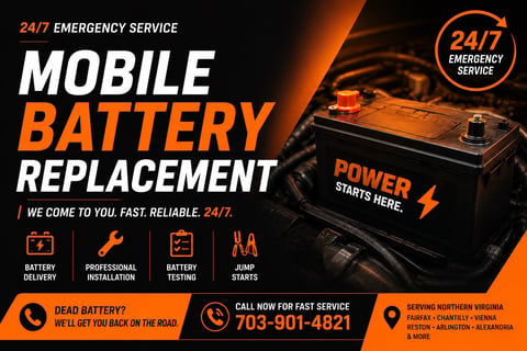 24/7 mobile battery replacement service advertisement with battery image, phone number 703-901-4821, and service features including delivery and installation