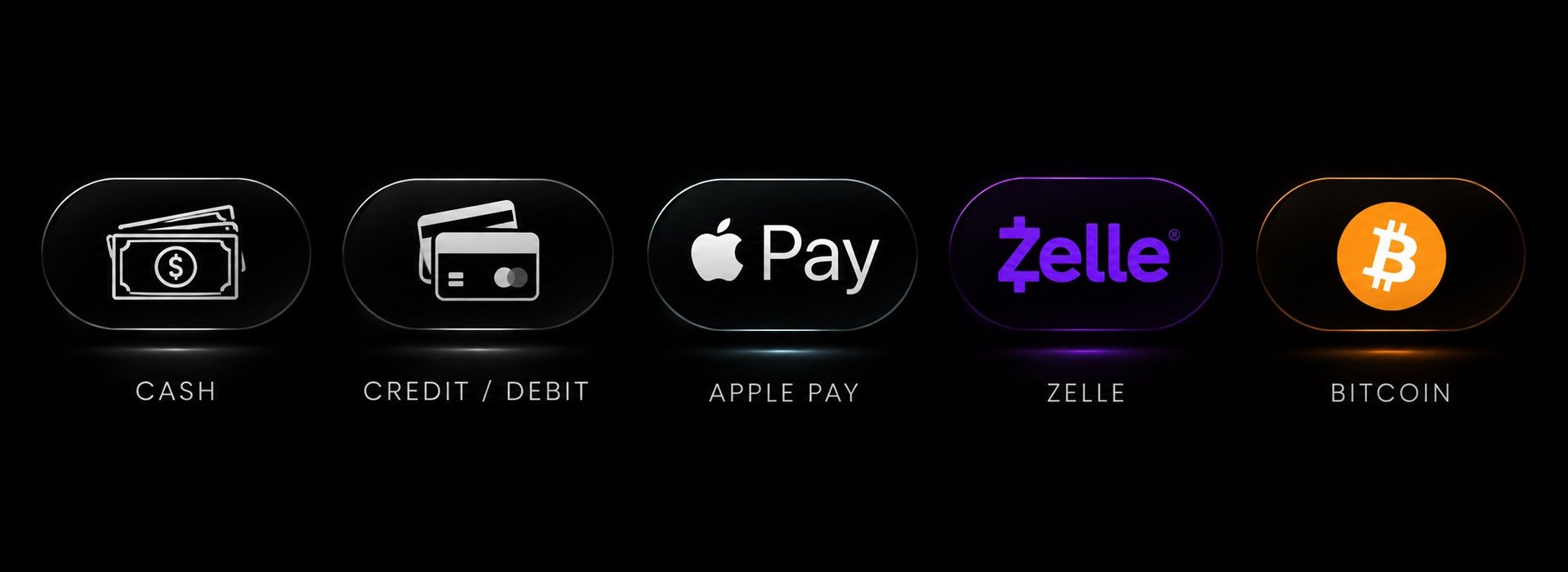 Row of payment method icons including Cash, Credit/Debit, Apple Pay, Zelle, and Bitcoin on black background