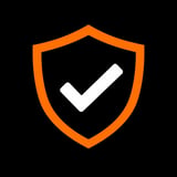 Orange shield with white checkmark icon on black background, representing security or verification