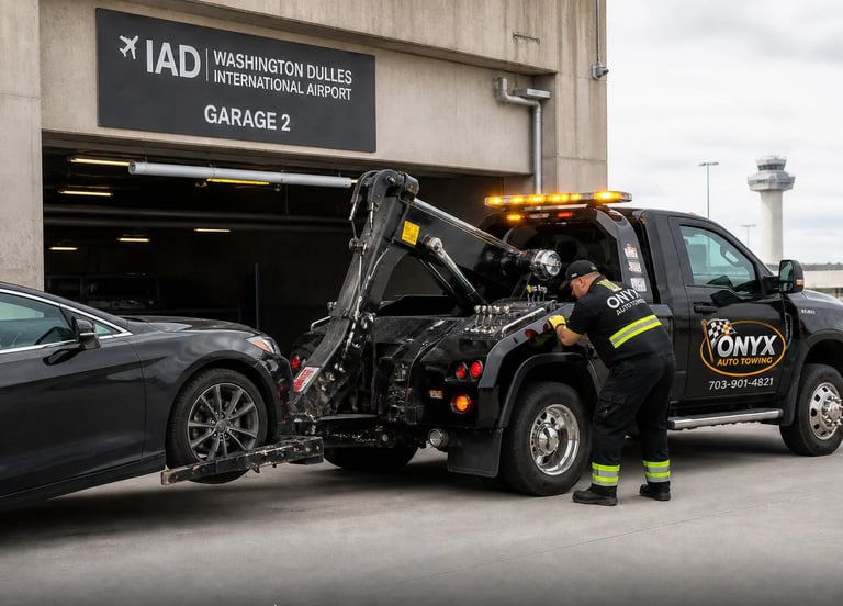 Onyx tow truck with operator loading a dark sedan in airport garage 2 at Washington Dulles International Airport