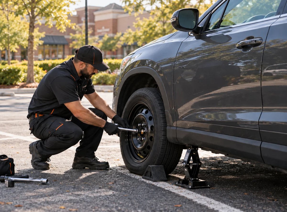 Mechanic in black uniform tightening lug nuts on a gray SUV tire using a wrench on a parking lot.