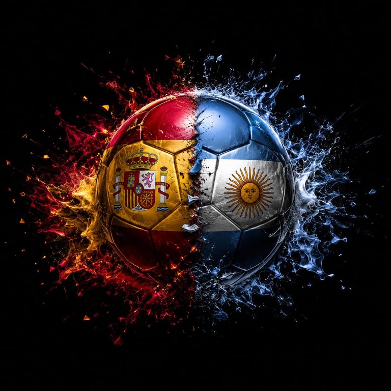 Soccer ball split between Spain and Argentina flags with red and blue energy explosions on black background