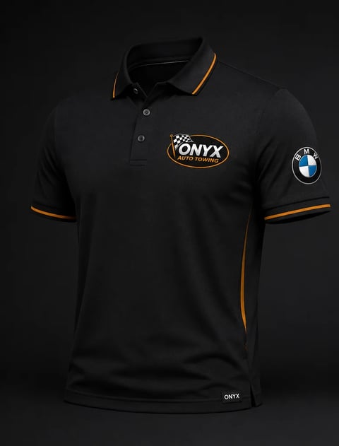 Black polo shirt with orange trim, ONYX Moto Towing logo on chest, and BMW emblem on sleeve