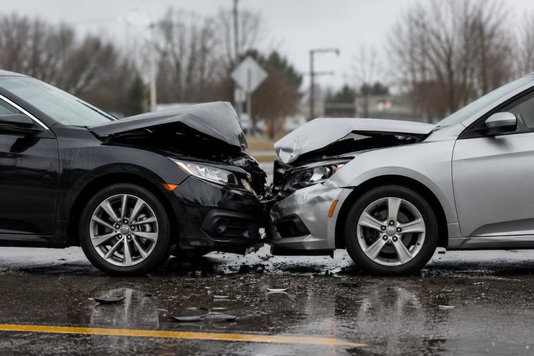 Two cars collided head-on in a parking lot after rain, showing severe front-end damage to both vehicles